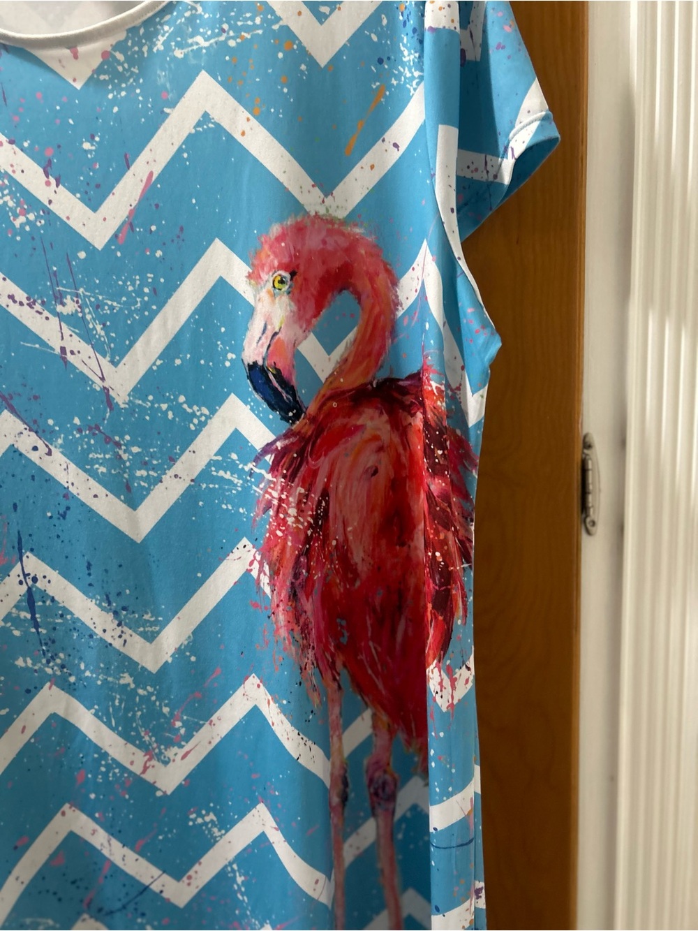 Leoma Lovegrove Blue Chevron Flamingo Casual Women's Dress - Picture 2 of 5